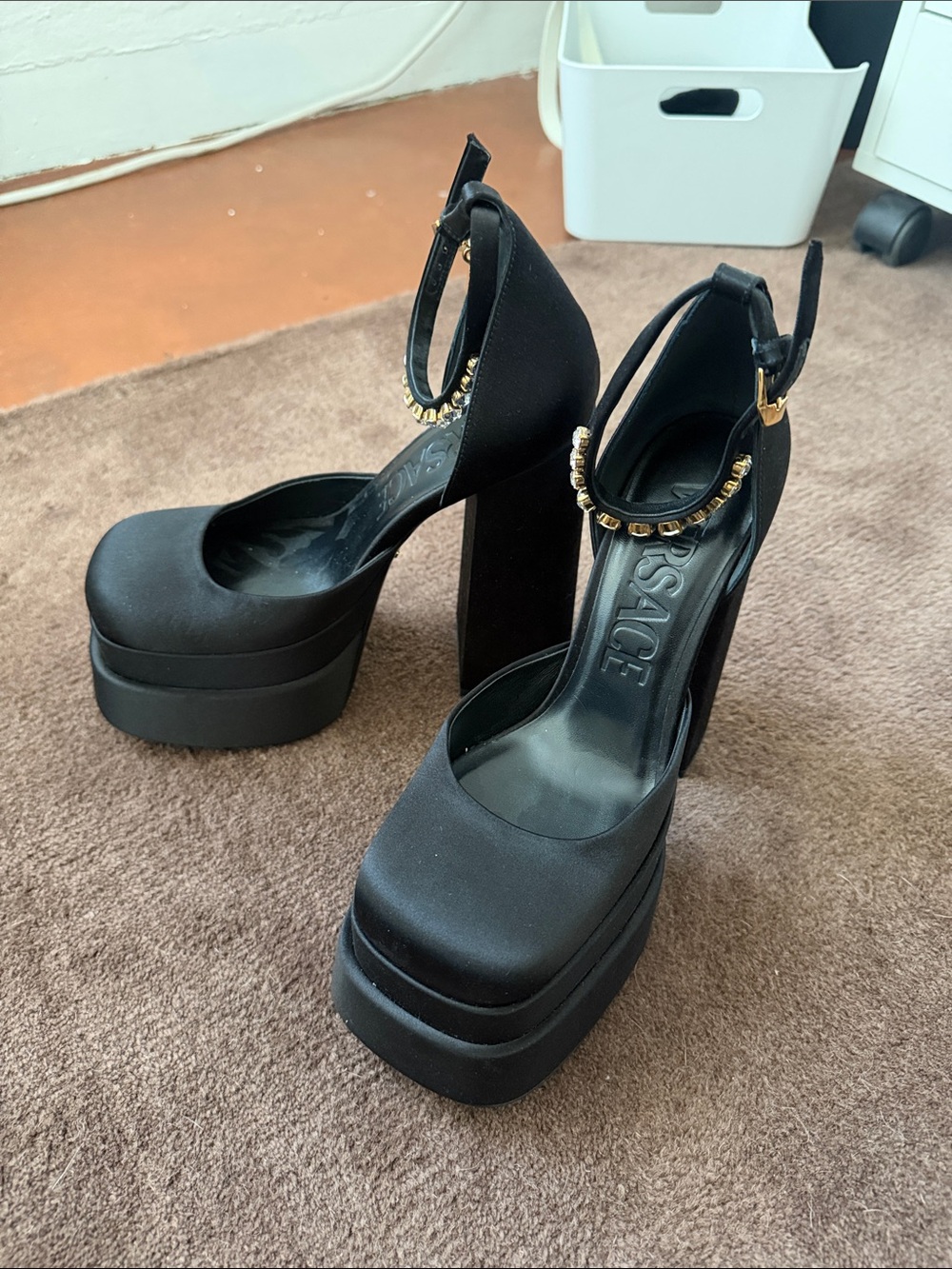 NWT Versace Black Platform Ankle-Strap Block Heels with Gold Chain